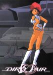  1980s_(style) 1girl armlet ass boots copyright_name dark-skinned_female dark_skin dirty_pair gloves headband kei_(dirty_pair) looking_at_viewer looking_back non-web_source official_art red_eyes red_hair retro_artstyle short_hair single_glove smile solo space spacecraft white_footwear white_gloves 