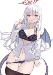  1girl absurdres blue_archive cameltoe commentary grey_hair halo haruna_(blue_archive) highres kirin_(kirin1023) lingerie long_hair pantyhose piercing pink_hair red_halo shirt simple_background solo tail underwear undressing white_background white_shirt wings 
