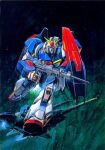  1980s_(style) beam_rifle energy_gun gundam mecha mobile_suit nebula no_humans official_art painting_(medium) production_art promotional_art realistic retro_artstyle robot scan science_fiction shield space spacecraft starry_background takani_yoshiyuki third-party_source thrusters traditional_media weapon zeta_gundam zeta_gundam_(mobile_suit) 
