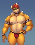 2024 absurd_res anthro areola armband barazoku big_muscles blue_background bowser bracelet bulge claws clothed clothing collar eyebrows hair hand_on_hip hi_res horn jewelry jockstrap jockstrap_only koopa looking_at_viewer male mario_bros muscular muscular_anthro muscular_male narrowed_eyes navel nintendo nipples non-mammal_nipples pecs scalie shell simple_background smile snaftfc solo spiked_armband spiked_bracelet spiked_collar spiked_shell spikes spikes_(anatomy) standing thick_thighs topless topless_anthro topless_male underwear underwear_only