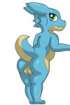  anus backsack balls barefoot blue_skin butt green_eyes kobold looking_at_viewer looking_back male raised_tail scalie 