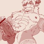 abs anthro balls beard bigfoot_(tas) bovid bovine cattle dark_penis facial_hair foreskin genitals goatee hair horn lifewonders long_hair looking_at_viewer low_res male mammal nipples pecs penis pubes retracted_foreskin run_aki sitting solo tattoo tokyo_afterschool_summoners vein