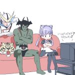 1girl 3boys animal_ear_hairband animal_ears apron black_eyes black_skirt black_thighhighs blush_stickers bodysuit bow bowtie casshern casshern_(series) cat_ear_hairband cat_ears closed_mouth colored_skin couch crossed_arms crossover crt devilman devilman_(character) fake_animal_ears full_body green_skin hairband head_only helmet horns kyou_mo_dokokade_devilman lokulo-chan lokulo_no_mawashimono long_hair low_twintails lowres multiple_boys multiple_crossover on_couch open_mouth original pointing pose_imitation puffy_short_sleeves puffy_sleeves purple_bow purple_bowtie purple_hair serious shinzou_ningen_casshern short_sleeves shrug_(clothing) simple_background sitting skirt standing television thighhighs tiger_mask_(character) tiger_mask_(series) topless twintails waist_apron watching_television white_background white_bodysuit 