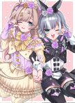  2girls ;&gt; alternate_costume animal_ears aqua_eyes blonde_hair blue_eyes blush bow fake_animal_ears fingerless_gloves flower gloves grey_hair hair_ornament hifumi_suu highres holding_hands kedarui_aashii kimi_no_koto_ga_dai_dai_dai_dai_daisuki_na_100-nin_no_kanojo kngu0511 lolita_fashion long_hair looking_at_viewer multiple_girls one_eye_closed open_mouth rabbit rose side_ponytail skirt smile white_hair zettai_ryouiki 