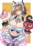  1girl absurdres animal_ear_fluff animal_ears anis_(nikke) black_panties bob_cut bomb border bra breasts brown_hair cake cake_slice cat_ears cleavage cowboy_shot explosive food frilled_bra frilled_panties frills fruit goddess_of_victory:_nikke grin hair_between_eyes highres holding holding_plate huge_breasts icing looking_at_viewer maid maid_headdress navel orange_background outside_border panties plate short_hair shun_hayakawa smile solo standing strapless strapless_bra strawberry strawberry_cake time_bomb underwear white_border white_bra yellow_eyes 