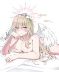  angel_wings arm_support blue_archive braid brown_eyes chanwoo completely_nude crown_braid feathered_wings furrowed_brow highres light_brown_hair long_hair nagisa_(blue_archive) nude white_wings wings 