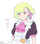  1boy androgynous apron artist_name ascot blush bow braid character_name commentary_request crossdressing earrings expressionless frills green_hair hair_bow heart jewelry kome_1022 lio_fotia maid maid_apron male_focus multicolored_eyes name_tag orange_eyes pink_ascot pink_bow pink_eyes promare puffy_sleeves short_hair short_sleeves side_braid sidelocks simple_background upper_body white_background 
