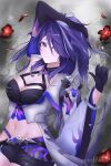  1girl absurdres acheron_(honkai:_star_rail) arm_up belt black_belt black_gloves black_shorts breasts cleavage coat commentary crop_top ecchild flower gloves hand_up highres honkai:_star_rail honkai_(series) large_breasts long_hair looking_at_viewer midriff navel petals purple_eyes purple_hair red_flower short_shorts shorts single_bare_shoulder solo stomach very_long_hair white_coat 