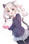  1girl :3 :d animal_ear_fluff animal_ear_hairband animal_ears artist_name bag black_eyes black_hairband black_pantyhose black_sweater blush bow bowtie cat_ear_hairband cat_ears cat_tail collared_shirt commentary dress_shirt dutch_angle fake_animal_ears fang grey_skirt hairband holding holding_bag kisukekun long_hair long_sleeves looking_at_viewer loose_hair_strand mcdonald&#039;s musical_note open_mouth original pantyhose paper_bag pleated_skirt polka_dot polka_dot_background red_bow red_bowtie shakacat shaking shirt signature skirt sleeves_past_wrists smile solo sweater tail twintails w_arms white_background white_shirt 