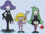  3girls addams_family antenna_hair black_dress blonde_hair blood blood_on_weapon braid cigar commentary cosplay dress english_commentary facial_hair fang frog_hair_ornament gomez_addams gomez_addams_(cosplay) green_hair grey_background hair_ornament highres holding holding_cigar kevin_arthur kochiya_sanae long_hair moriya_suwako morticia_addams morticia_addams_(cosplay) multiple_girls mustache pants purple_hair purple_pants red_eyes short_hair simple_background touhou twin_braids weapon wednesday_addams wednesday_addams_(cosplay) yasaka_kanako 