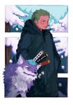  1boy blue_gloves blush coat cropped_legs expressionless fur-trimmed_coat fur_trim gloves green_hair highres looking_to_the_side male_focus multiple_swords one_piece open_mouth petting roronoa_zoro short_hair smile snow snow_on_tree sword teeth towne tree upper_teeth_only v-shaped_eyebrows weapon winter_clothes wolf 