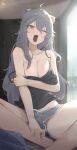  1girl ;d absurdres animal_ear_piercing animal_ears bare_arms bare_legs bear_ears black_camisole blurry bokeh breasts camisole collarbone depth_of_field eyelashes grey_eyes grey_hair grey_shorts groin hair_between_eyes hand_on_own_arm highres hololive indoors large_breasts light_particles long_hair looking_at_viewer menomeno_draw one_eye_closed open_mouth pussy pussy_peek shishiro_botan shorts sidelocks sitting smile solo spaghetti_strap strap_slip sunlight teeth tongue virtual_youtuber window yawning 