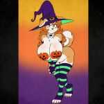 2023 anthro big_breasts breasts canid canine canis clothing domestic_dog female footwear fur green_eyes halloween hi_res holidays kibbles_(uberquest) looking_at_viewer mammal mostly_nude skidd socks solo tan_body tan_fur toeless_footwear toeless_socks uberquest