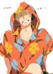  1boy blonde_hair cigarette commentary curly_eyebrows facial_hair floral_print fujisee goatee_stubble hair_over_one_eye headphones highres hooded_shirt male_focus one_piece sanji_(one_piece) simple_background solo stubble twitter_username upper_body white_background 