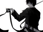  1boy black_hair black_ribbon black_suit dice hand_tattoo highres holding holding_dice holding_weapon looking_back male_focus nagumo_(sakamoto_days) necktie ribbon rokuen_skd sakamoto_days scabbard sheath smile suit tattoo weapon white_background 