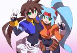  2girls aile_(mega_man_zx) ashe_(mega_man) blue_hair bodysuit bodysuit_under_clothes breasts brown_hair cropped_jacket green_eyes hair_between_eyes high_ponytail jacket kaidou_zx large_breasts long_hair medium_breasts mega_man_(series) mega_man_zx mega_man_zx_advent multiple_girls navel open_clothes open_jacket ponytail robot_ears shorts skin_tight v 