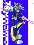  1boy android armor beam_saber character_name double_bladed_lightsaber dynamo_(mega_man) energy_blade energy_sword full_armor head-mounted_display helmet holding holding_weapon lightsaber medium_hair mega_man_(series) mega_man_x5 mega_man_x_(series) simple_background sword sznami129 weapon white_hair 