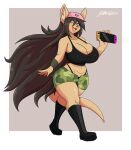 2024 anthro big_breasts black_boots black_clothing black_footwear black_hair black_panties black_underwear blue_eyes blush boots border bottomwear breasts brown_background camo camo_bottomwear camo_clothing camo_print camo_shorts cheek_tuft cleavage clothed clothing crop_top cute_fangs dated eyebrow_through_hair eyebrows facial_tuft female footwear hair hat headgear headwear hi_res holding_object hotpants inner_ear_fluff jwinkz kangaroo kirby kirby_(series) long_hair macropod mammal marsupial midriff motion_lines navel nintendo nintendo_switch no_bra one_eye_closed open_mouth outside_border panties pattern_bottomwear pattern_clothing pattern_shorts pink_clothing pink_hat pink_headwear pink_inner_ear shaded shirt shorts signature simple_background solo standing tail tan_body tongue topwear translucent translucent_hair tuft underwear walking white_border wide_hips wink
