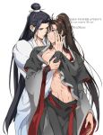  2boys black_hair brown_hair chinese_clothes closed_mouth clothes_lift from_behind guilty_challenge_(meme) highres lan_wangji long_hair male_focus meme midriff modao_zushi multiple_boys muse_(rainforest) navel ponytail shirt_lift smile stomach wei_wuxian yaoi 