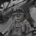  1girl asymmetrical_hair braid chinese_commentary duct_tape dynamo_roller_(splatoon) elbow_gloves film_grain gloves helmet high-visibility_vest highres inkling_girl inkling_player_character lifebuoy long_hair lower_teeth_only open_mouth pointy_ears red_eyes rubber_gloves salmon_run_(splatoon) searchlight smile solo splatoon_(series) spot_color swim_ring teeth tentacle_hair thenintlichen96 uneven_eyes very_long_hair 