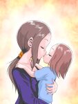  2girls absurdres age_difference brown_hair carrying child closed_eyes commentary_request hair_ornament hair_scrunchie hatomugi_(user_datj4345) highres imminent_kiss karakai_jouzu_no_(moto)_takagi-san karakai_jouzu_no_takagi-san low_ponytail mother_and_daughter multiple_girls nishikata_chii ponytail scrunchie takagi-san 