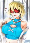  1girl absurdres artist_name bare_shoulders biting_own_lip blonde_hair blue_sweater breasts cleavage cleavage_cutout clothing_cutout cropped_sweater earrings evie_(fortnite) fortnite heart highres hoop_earrings jacket jewelry large_breasts looking_at_viewer mystyhw navel necklace off_shoulder official_alternate_costume official_alternate_hairstyle open_clothes open_jacket outdoors patreon_username red-tinted_eyewear red_lips ribbed_sweater short_hair sleeveless sleeveless_sweater snow snow_goggles snowing solo summitseeker_evie_(fortnite) sweater tinted_eyewear tree upper_body web_address white_jacket 