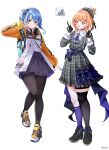  2girls absurdres asymmetrical_legwear avatar_(holoearth) blue_bag blue_eyes blue_hair blush commission cosplay costume_switch crown double_v dress full_body gloves hair_ornament hairclip headphones headphones_around_neck hideharu highres holoearth hololive hoshimachi_suisei hoshimachi_suisei_(1st_costume) hoshimachi_suisei_(cosplay) kneehighs light_smile mismatched_legwear multiple_girls orange_hair parted_lips partially_fingerless_gloves pendant_choker plaid plaid_dress plaid_headwear pleated_skirt purple_eyes shirt short_hair side_ponytail sidelocks single_kneehigh single_sock single_thighhigh skirt smile socks solo standing star_(symbol) star_in_eye symbol_in_eye thigh_strap thighhighs twitter_username uneven_legwear v virtual_youtuber white_shirt x_hair_ornament 