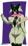 ambiguous_gender anthro areola big_breasts breast_curtains breast_grab breast_play breasts duo felid female fur generation_9_pokemon green_body hand_on_breast hi_res holding_breast mammal meowscarada nintendo nipples pink_areola pink_nipples pokemon pokemon_(species) r3ptart