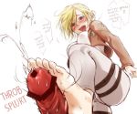  1girl :d annie_leonhardt bar_censor barefoot blonde_hair blue_eyes blush breasts censored cum ejaculation feet footjob jacket long_sleeves military military_uniform neziiro open_mouth penis shingeki_no_kyojin short_hair smile solo_focus sweat thigh_strap toes translated uniform 