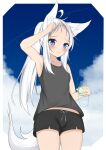  1girl absurdres ahoge animal_ear_fluff animal_ears arm_up bare_arms bare_shoulders black_shorts black_tank_top blue_eyes blue_sky blush bottle closed_mouth cloud collarbone commentary_request forehead fox_ears fox_girl fox_tail hand_in_own_hair highres holding holding_bottle kuronagi_(mitora_uwu) long_hair original ponytail short_shorts shorts sidelocks sky smile solo tail tank_top very_long_hair water_bottle 