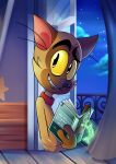 2017 8-bit-britt anthro black_eyes black_nose book bookmark brown_body brown_ears brown_fur bunnicula_(series) chester_(bunnicula) collar digital_media_(artwork) domestic_cat eyebrows fangs felid feline felis fur hi_res holding_book holding_object inside looking_away male mammal multicolored_body multicolored_fur raised_eyebrow red_collar sharp_teeth smile solo teeth two_tone_body two_tone_fur yellow_sclera