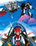  1980s_(style) canopy_(aircraft) choujikuu_yousai_macross cloud concept_art daedalus flying gerwalk helmet ichijou_hikaru looking_at_viewer machinery macross mecha mikimoto_haruhiko official_art painting_(medium) pilot pilot_suit production_art prometheus_(ship) promotional_art retro_artstyle robot robotech scan sdf-1 spacecraft thrusters traditional_media variable_fighter vf-1 vf-1a vf-1j 