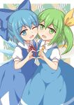 2girls absurdres ascot blue_bow blue_dress blue_eyes blue_hair bow cheek-to-cheek cirno collared_shirt daiyousei detached_wings dress fairy fairy_wings green_eyes green_hair hair_bow heads_together heart heart_hands heart_hands_duo highres ice ice_wings light_blush long_hair multiple_girls neck_ribbon one_eye_closed open_mouth piaoluo_de_ying_huaban pinafore_dress puffy_short_sleeves puffy_sleeves red_ribbon ribbon shirt short_hair short_sleeves side_ponytail sleeveless sleeveless_dress smile touhou white_shirt wings yellow_ascot 