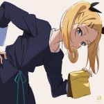  1girl bag black_dress blonde_hair doughnut dress food grey_eyes hair_ornament hairclip highres holding holding_bag leaning_forward looking_at_viewer miyahara_takuya mole mole_under_eye mouth_hold shirobako short_twintails solo twintails yano_erika 