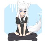  1girl absurdres animal_ear_fluff animal_ears between_legs black_shirt black_thighhighs blue_background blue_eyes blush closed_mouth clothes_writing collarbone commentary_request fang fang_out fox_ears fox_girl fox_tail full_body hair_between_eyes hand_between_legs highres kuronagi_(mitora_uwu) long_hair looking_at_viewer no_shoes off_shoulder original shirt short_sleeves sitting smile solo tail thighhighs two-tone_background very_long_hair white_background white_hair 