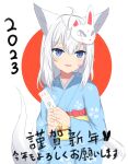  1girl 2023 absurdres animal_ears bandaid bandaid_on_cheek bandaid_on_face blue_kimono chinese_zodiac commentary_request floral_print fox_ears fox_girl fox_tail highres holding japanese_clothes kimono kuronagi_(mitora_uwu) long_hair long_sleeves looking_at_viewer mask mask_on_head obi omikuji original own_hands_together print_kimono rabbit_mask red_background sash smile solo tail translation_request two-tone_background white_background white_hair wide_sleeves year_of_the_rabbit 