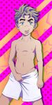  2018 5_fingers blue_eyes clothed clothing eyebrows grey_hair hair human jojo&#039;s_bizarre_adventure koichi_hirose looking_at_viewer male mameme mammal nipples not_furry open_mouth pink_background polka_dots reaching_down simple_background star teenager teeth topless undressing white_underwear young 
