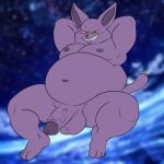 anthro balls belly big_balls big_belly camp14 champa domestic_cat dragon_ball dragon_ball_super felid feline felis floating fur genitals grin half-erect hands_behind_head hi_res looking_at_viewer male mammal moobs nipples overweight overweight_male penis purple_body purple_fur smile solo space