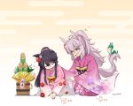  2girls ahoge alternate_costume alternate_hairstyle animal_ears bandaid bandaid_on_face bandaid_on_nose biwa_hayahide_(umamusume) black_hair chinese_zodiac closed_eyes dragon floral_print flying_sweatdrops grey_hair horse_ears horse_girl horse_tail japanese_clothes kadomatsu kimono kuzumochi_(kuzumochiya) long_hair long_sleeves looking_at_another multiple_girls narita_brian_(umamusume) new_year obi open_mouth pink_kimono ponytail sash seiza semi-rimless_eyewear signature sitting sleeping tail umamusume waking_another wide_sleeves year_of_the_dragon yellow_eyes zzz 