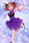  1girl :d absurdres blue_eyes dress go-toubun_no_hanayome hair_ribbon highres ice_skates ice_skating long_sleeves looking_at_viewer megami_magazine nail_polish nakano_nino official_art open_mouth outstretched_arm purple_dress ribbon scan skates skating smile snowflake_background snowflake_print solo standing standing_on_one_leg tiara upper_body 