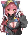  1girl animal_ears animal_hood black_jacket black_nails blush breasts cleavage closed_mouth commentary_request fake_animal_ears hair_between_eyes hand_up highres hood hood_up hooded_jacket jacket kanzarin long_hair long_sleeves looking_at_viewer medium_breasts nail_polish navel nekota_tsuna orange_eyes puffy_long_sleeves puffy_sleeves red_hair simple_background smile solo sweat upper_body very_long_hair virtual_youtuber vspo! white_background 