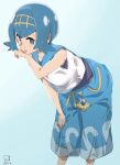  1girl blue_eyes blue_hair blue_sailor_collar blue_shorts bright_pupils capri_pants hairband lana_(pokemon) leaning_forward miyahara_takuya one-piece_swimsuit open_mouth pants pokemon pokemon_sm sailor_collar short_hair shorts solo swimsuit swimsuit_under_clothes wet white_pupils yellow_hairband 