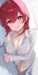  1girl @_@ blush breasts cleavage heterochromia highres hololive houshou_marine large_breasts long_hair looking_at_viewer lying naked_shirt on_side open_mouth oritonagi red_eyes shirt smile solo virtual_youtuber white_shirt yellow_eyes 