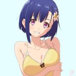  1girl bare_shoulders blue_hair bokutachi_no_remake breasts camisole cleavage flower hair_flower hair_ornament highres large_breasts looking_at_viewer miyahara_takuya pink_eyes shino_aki short_hair single_sidelock smile solo upper_body 