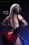  1girl arlecchino_(genshin_impact) ass backless_dress backless_outfit bare_back bare_shoulders black_background blue_background butt_crack commentary_request cowboy_shot dress genshin_impact gradient_background grey_hair highres red_dress solo standing tomatolacoon 