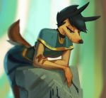  2017 anthro bent_over black_hair blue_eyes canine clothed clothing dress female fully_clothed fur hair half-closed_eyes long_ears looking_down mammal paintbrush painting_(artwork) smile solo tabuley traditional_media_(artwork) yellow_fur 
