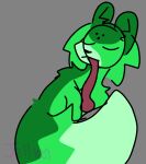 eyes_closed feral fictional_species fur green_body green_fur grey_background jellythekatt long_fur long_tongue male mammal rain_world relaxed_expression saint_(rain_world) signature simple_background sitting slugcat_(rain_world) solo thick_fur tongue tongue_out