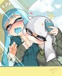  aqua_eyes aqua_hair biting blazer blush bow bowtie cellphone commentary_request domino_mask fangs grey_eyes grey_hair highres holding holding_phone hood hoodie inkling jacket mask multiple_girls nama_namusan neck_biting phone pointy_ears reaching_out school_uniform self_shot smartphone splatoon_(series) squid taking_picture tentacle_hair yuri 