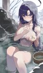  1girl absurdres bathing blue_archive blush breasts bucket covering_privates halo highres knees_up large_breasts long_hair looking_at_viewer nude_cover onsen partially_submerged purple_eyes purple_hair refraction sitting solo steam straight_hair sukoyaka_konbu very_long_hair wooden_bucket yuuka_(blue_archive) 