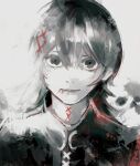  1boy black_eyes black_hair facial_mark facing_viewer greyscale hair_ornament highres long_hair looking_at_viewer military_uniform monochrome simple_background stitched_mouth stitched_neck stitches suzuya_juuzou tokyo_ghoul tokyo_ghoul:re uniform white_background xa8uofivf2mcart 